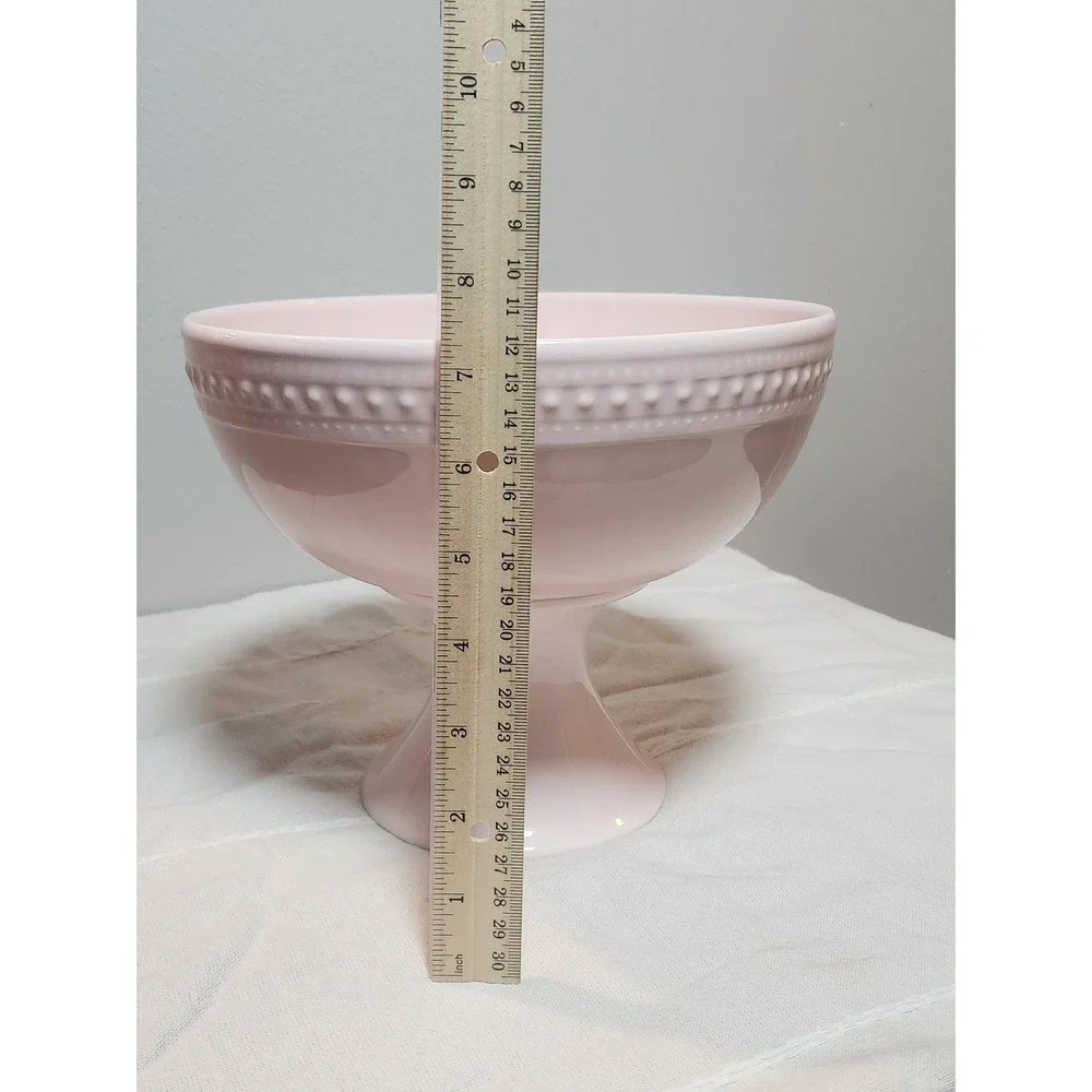 Portugal Pink Ceramic Pedestal Bowl Beaded Rim Footed Compote Dish Centerpiece